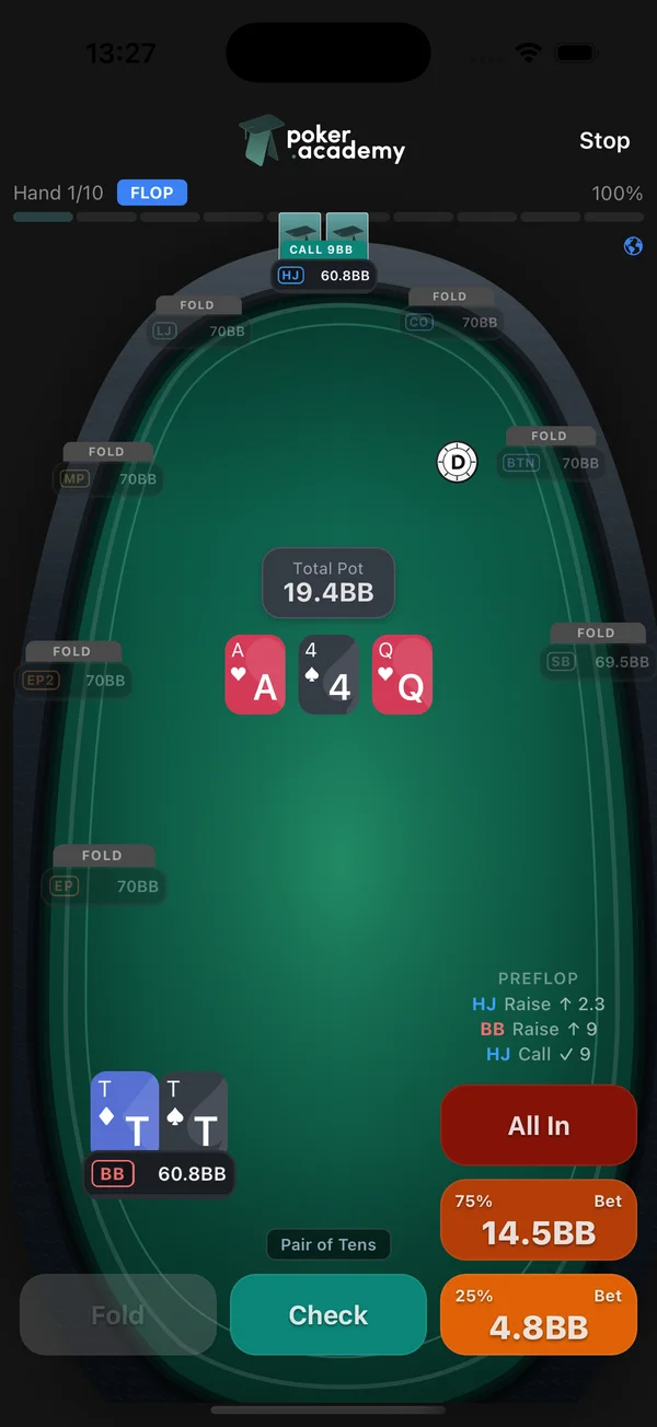 Poker Academy mobile — main view